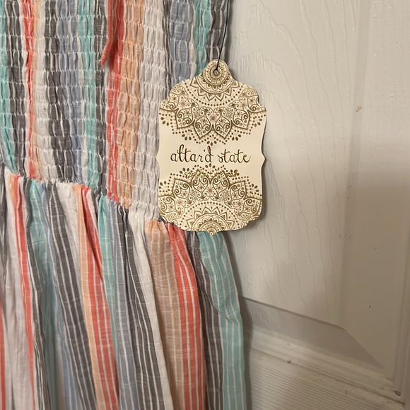 NEW Altar’d State Ivory Blue Green Stripe Smocked Maxi Dress Elastic Waist Small - Picture 5 of 10